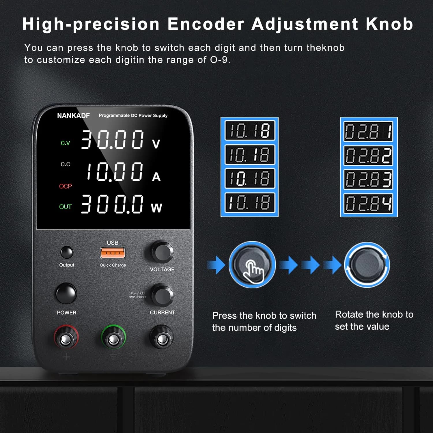 NANKADF 30V 10A Black DC Power Supply | Precise Encoder Knob & USB Quick-Charge - view 3