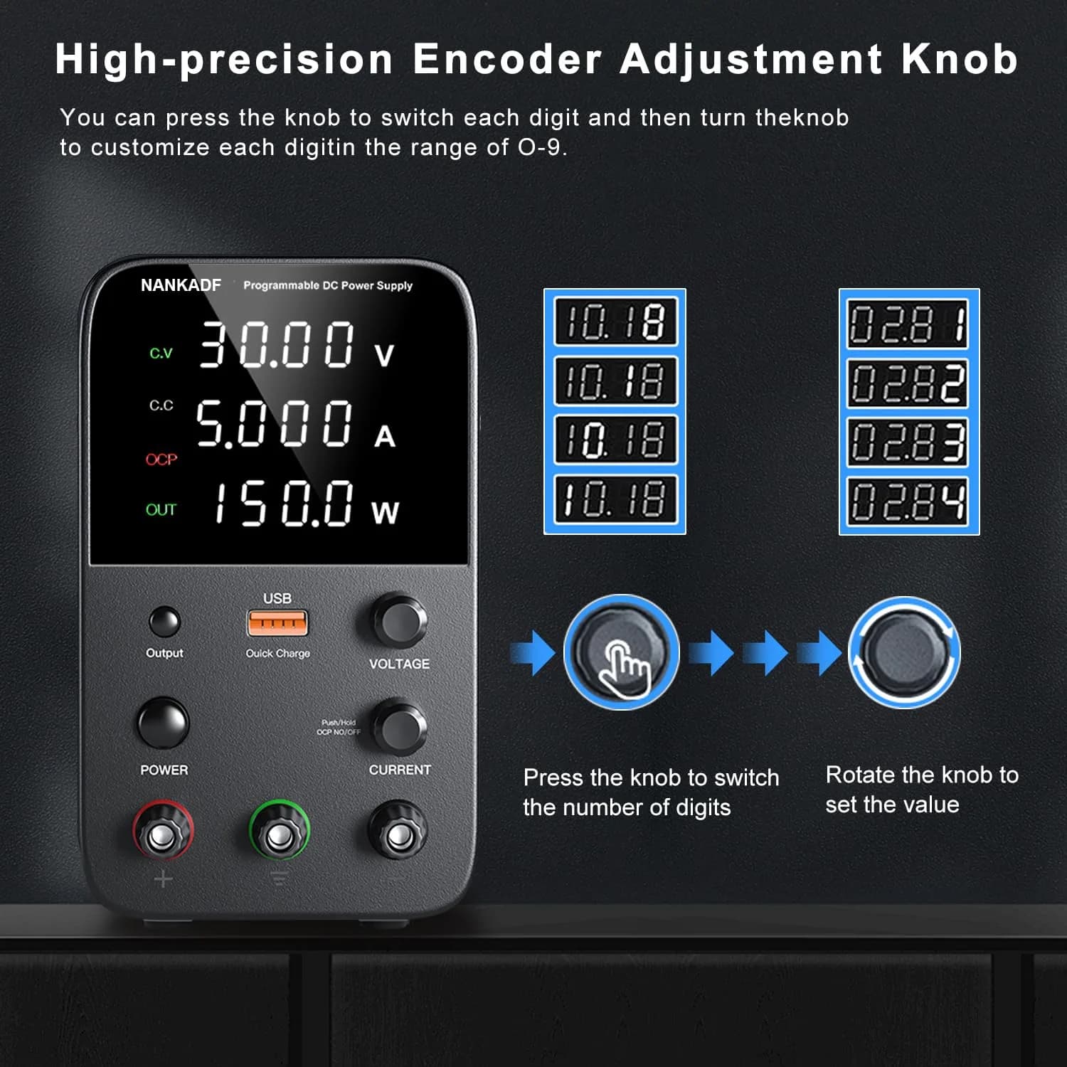 NANKADF 30V 5A Black DC Power Supply with Precise Encoder Knob & USB Quick-Charge - view 3