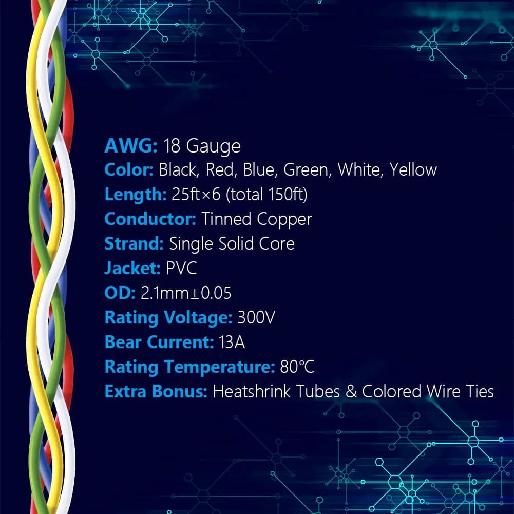 Fermerry 18 AWG Solid Core Wire Spool - 6 Colors, 25ft Each - view 2