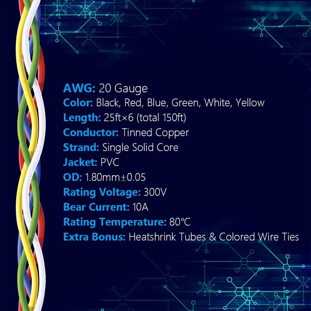 Fermerry 20 AWG Solid Core Wire Spool - 25ft, 6 Colors (20 AWG-6CPVC) - view 2