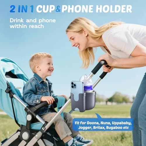 Guiseapue Universal Stroller Cup Holder with Phone Mount | Fits 0.55-1.7 Inch Rods thumbnail 2