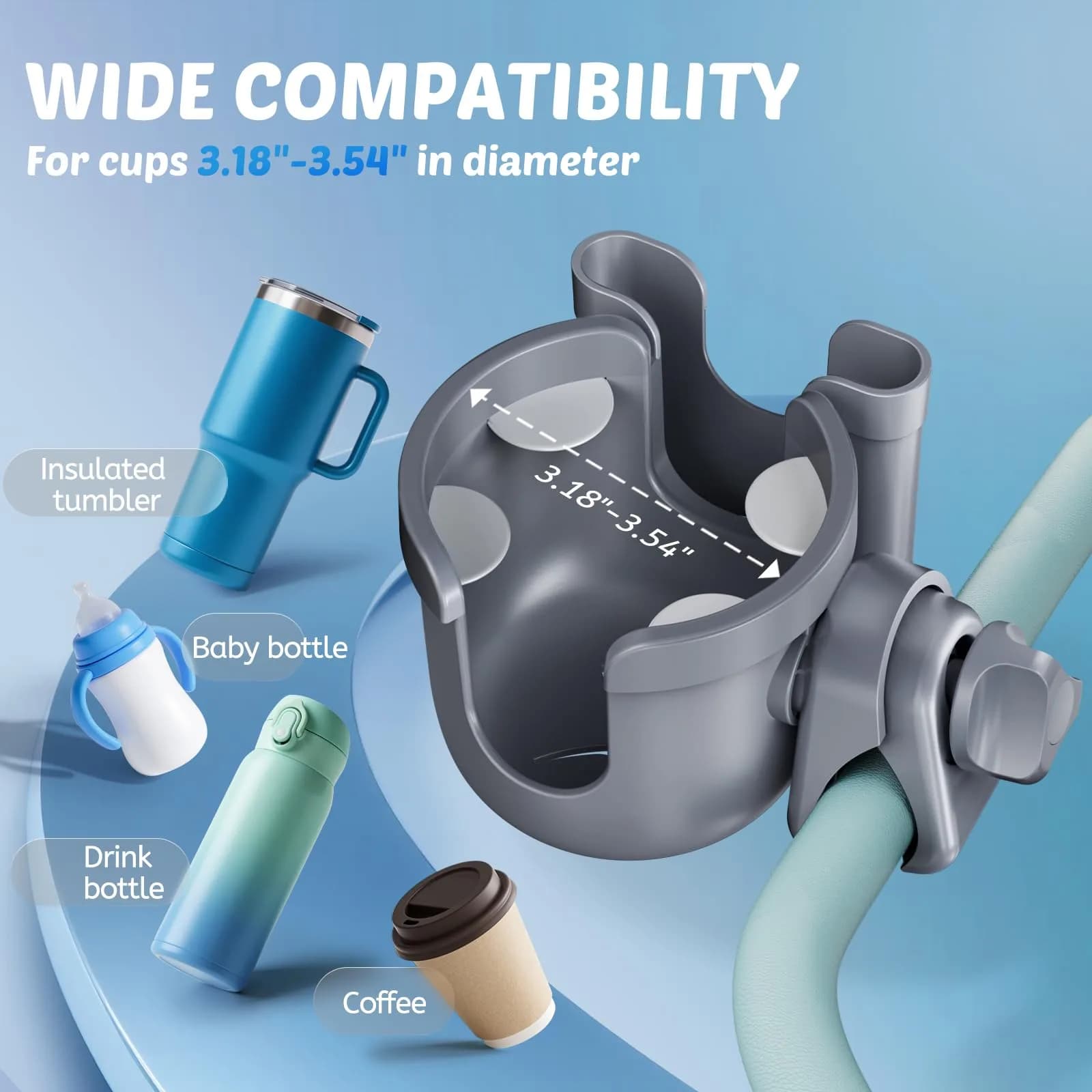 Guiseapue Universal Stroller Cup Holder with Phone Mount | Fits 0.55-1.7 Inch Rods - view 3