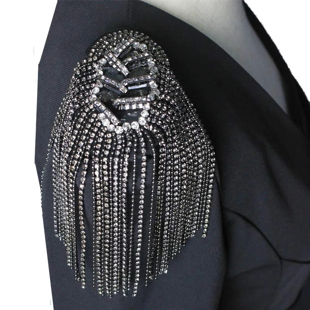 SXMFFHCG Beaded Crystal Shoulder Patches Motifs Fringe Tassel Epaulets Shoulder Brooches 2 Pieces (Black) — Black
