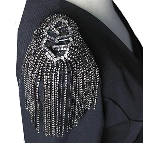 SXMFFHCG Beaded Crystal Shoulder Patches Motifs Fringe Tassel Epaulets Shoulder Brooches 2 Pieces (Black) thumbnail 1