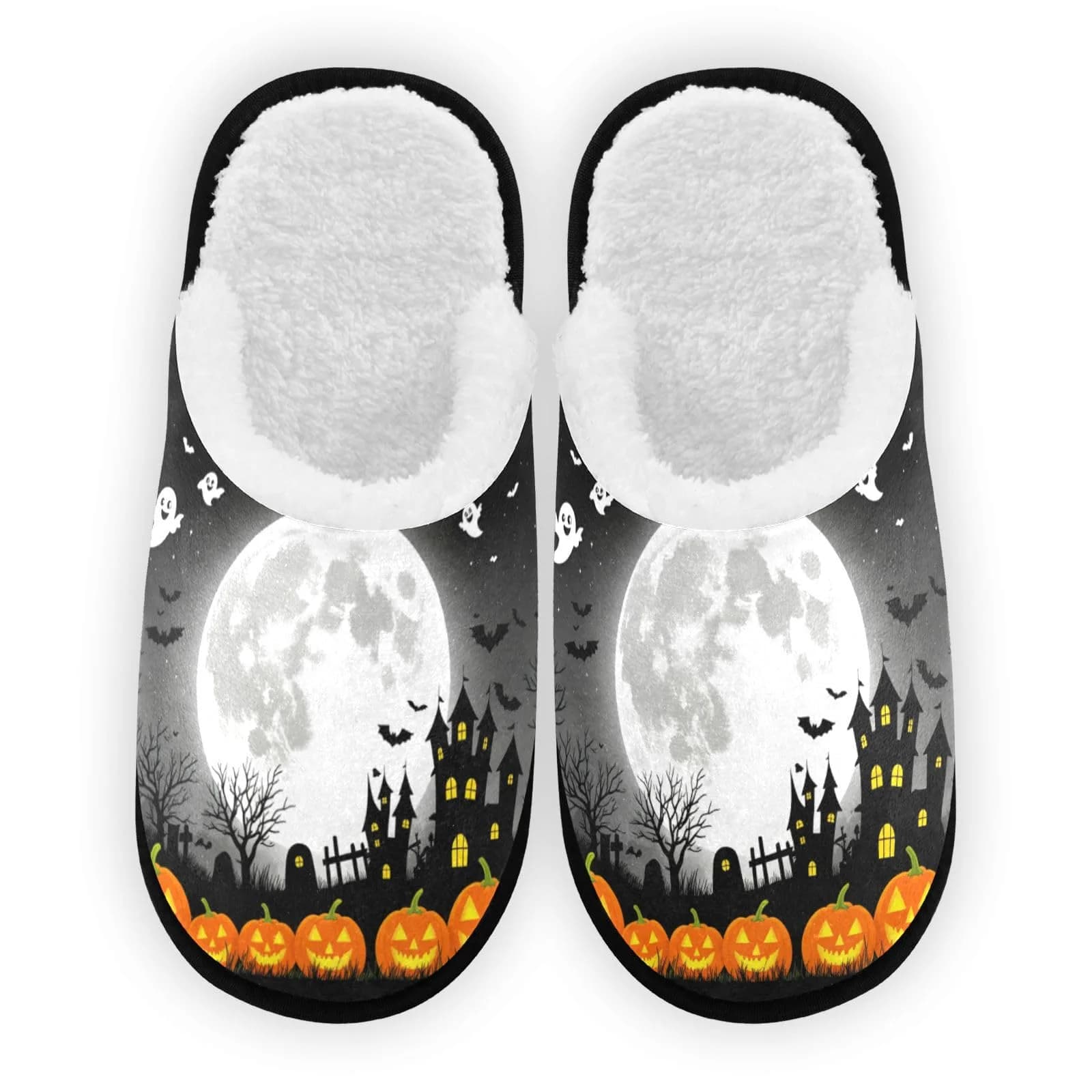 Dussdil Halloween Pupkins Bats Ghosts Slippers | Memory Foam, Non Slip, Haunted House Design (70-120 chars) — Halloween Moon