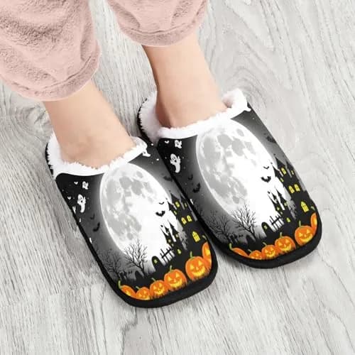Dussdil Halloween Pupkins Bats Ghosts Slippers | Memory Foam, Non Slip, Haunted House Design (70-120 chars) thumbnail 2