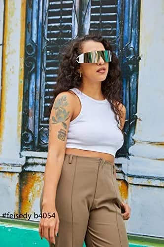 FEISEDY Futuristic Cyclops Visor Sunglasses White Frame/Sliver Mirror Lens | UV Protection thumbnail 2