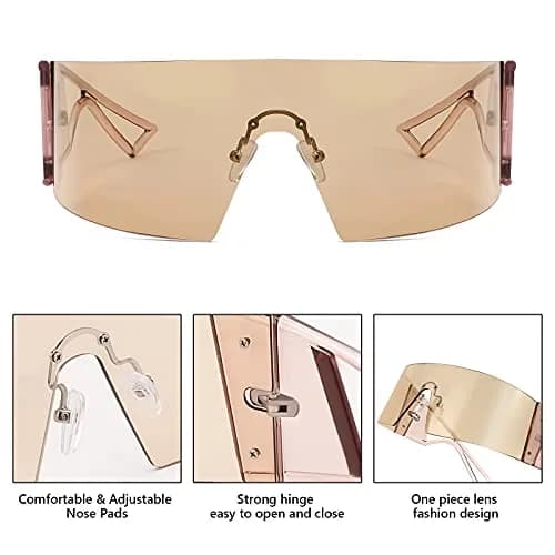 FEISEDY Futuristic Cyclops Visor Sunglasses for Men & Women | Oversized Shield Frame, Polarized Champagne Lens, 70mm thumbnail 3