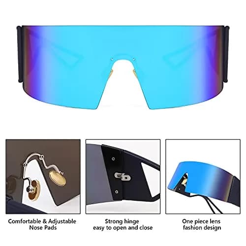 FEISEDY Futuristic Cyclops Visor Sunglasses for Men & Women, Oversized Shield with Blue Mirror Lens | UV Protection thumbnail 4