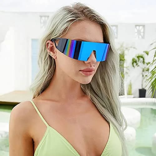 FEISEDY Futuristic Cyclops Visor Sunglasses for Men & Women, Oversized Shield with Blue Mirror Lens | UV Protection thumbnail 3
