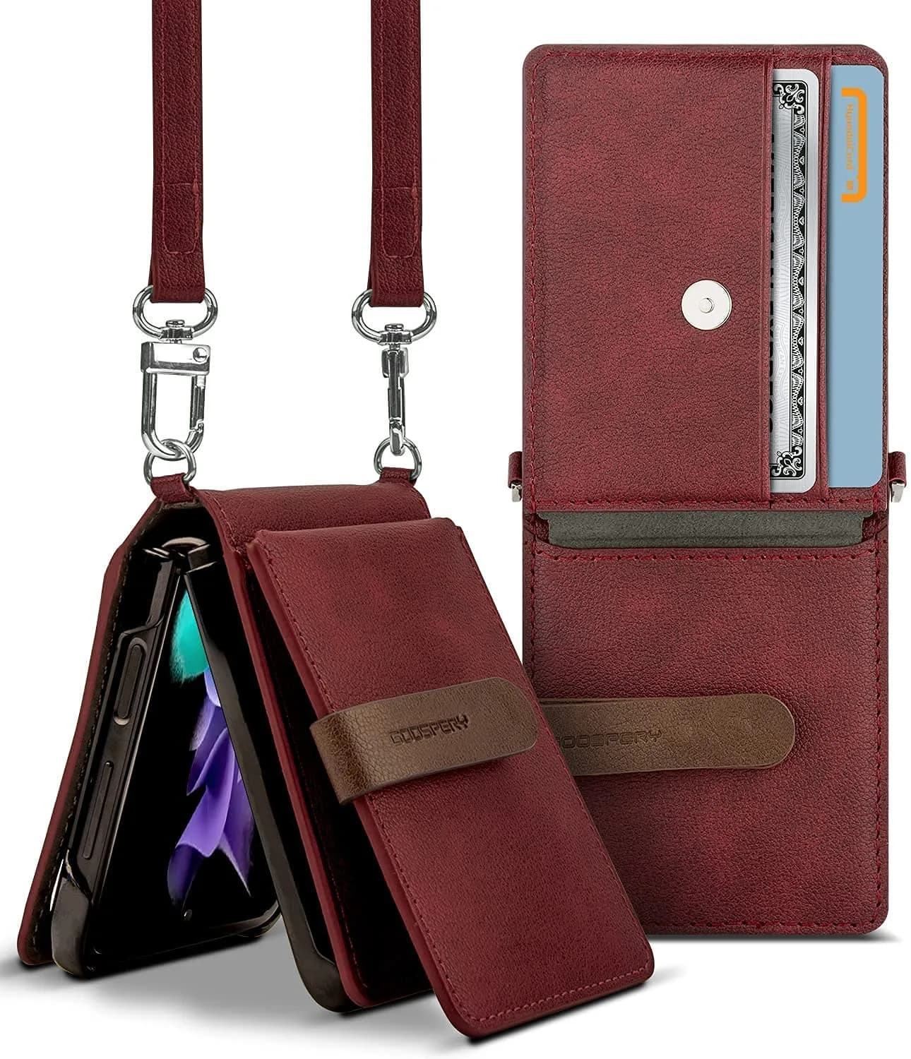 GOOSPERY Detachable Wallet Case for Samsung Galaxy Z Flip 3, Burgundy | 2 Card Pocket, Cross-Body Strap, Earbud Holder - main product image