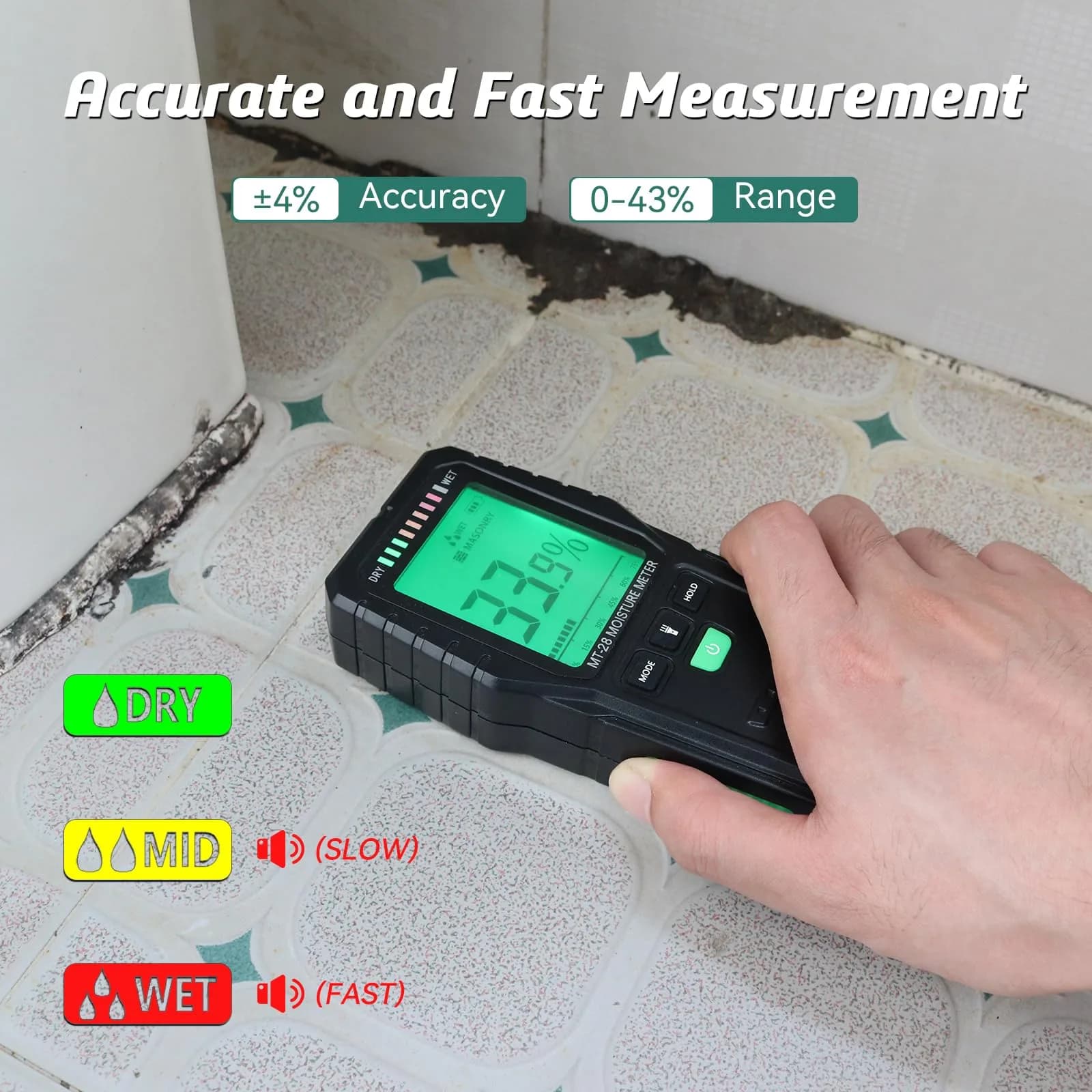 RDINSCOS Pinless Moisture Meter Digital Wall Moisture Detector with Flashlight | Measures Wood, Concrete, Drywall - view 3