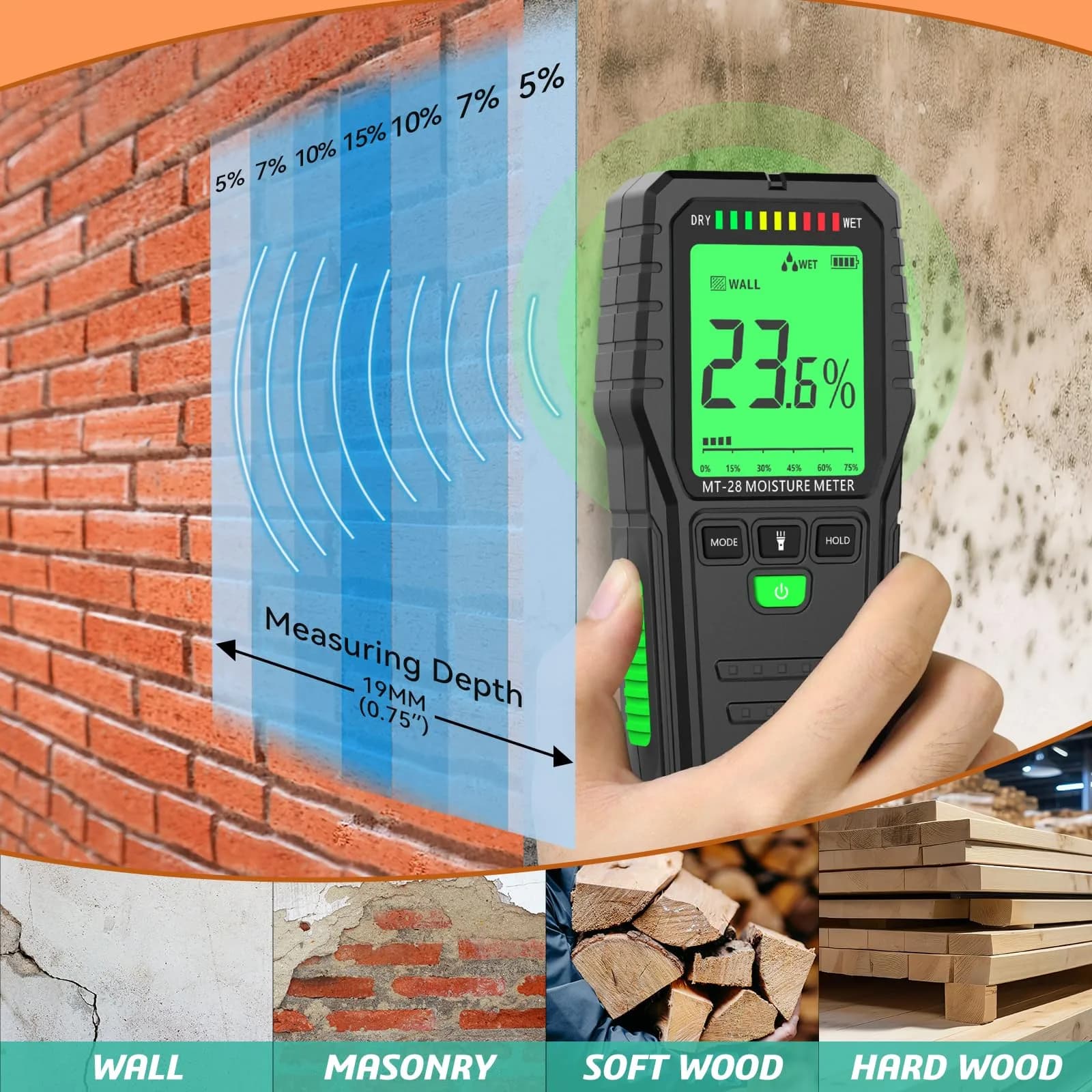 RDINSCOS Pinless Moisture Meter Digital Wall Moisture Detector with Flashlight | Measures Wood, Concrete, Drywall - view 4