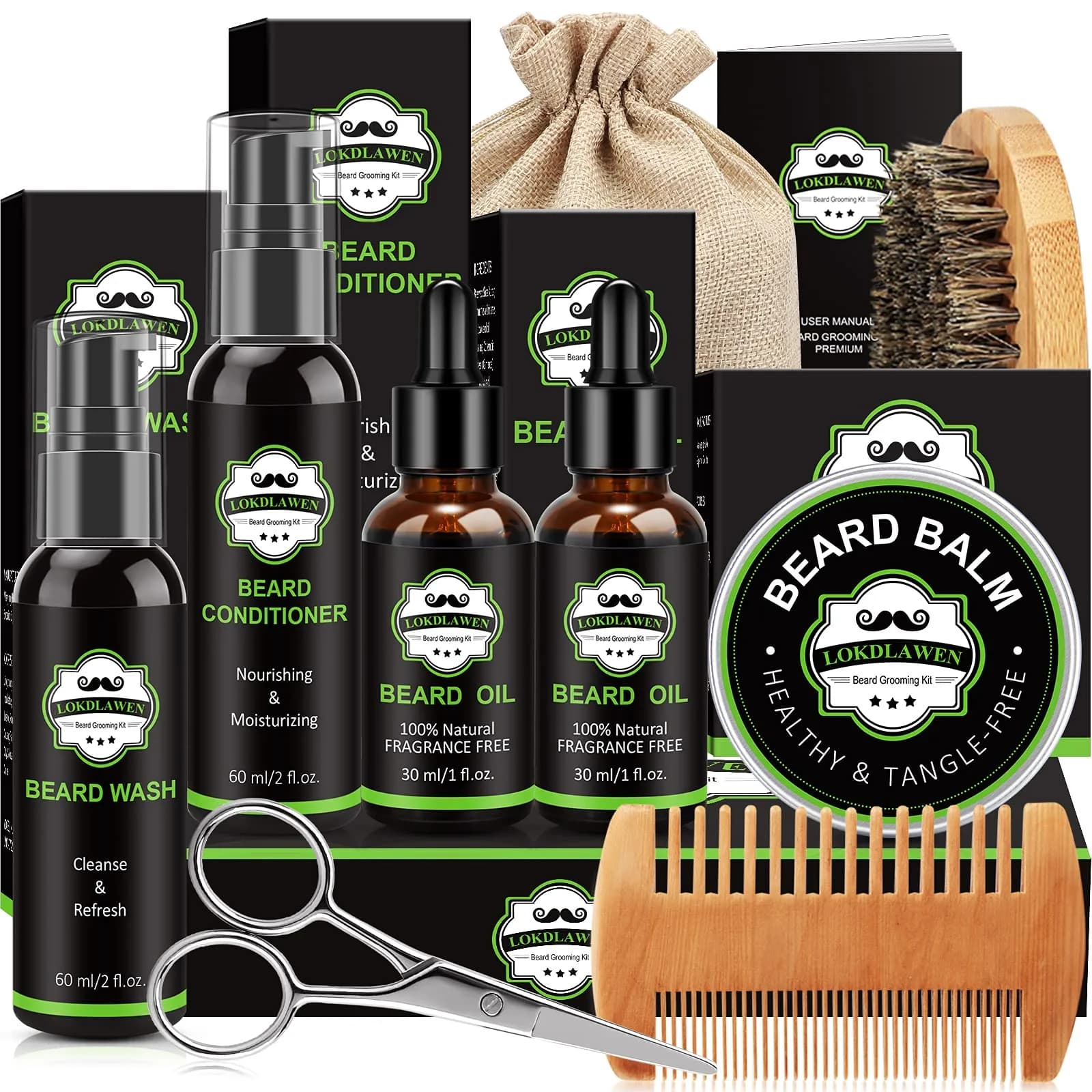 LOKDLAWEN Beard Kit for Men 9 Piece Set | Beard Care & Grooming Essentials — 9 Piece Set