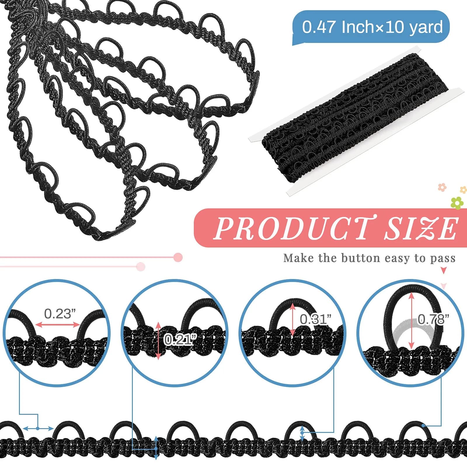 WILLBOND Black Gimp Braid Trim with Elastic Button Loop 1.2 cm (0.47 in) | 10 Yards for Sewing & Crafts - view 2