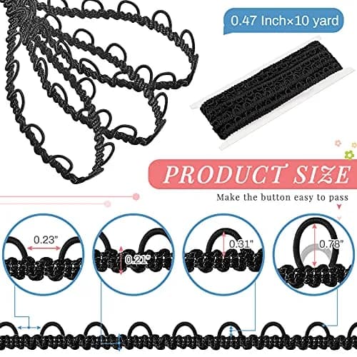 WILLBOND Black Gimp Braid Trim with Elastic Button Loop 1.2 cm (0.47 in) | 10 Yards for Sewing & Crafts thumbnail 2