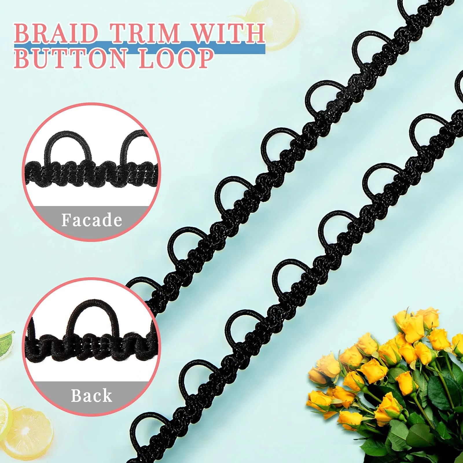 WILLBOND Black Gimp Braid Trim with Elastic Button Loop 1.2 cm (0.47 in) | 10 Yards for Sewing & Crafts - view 3