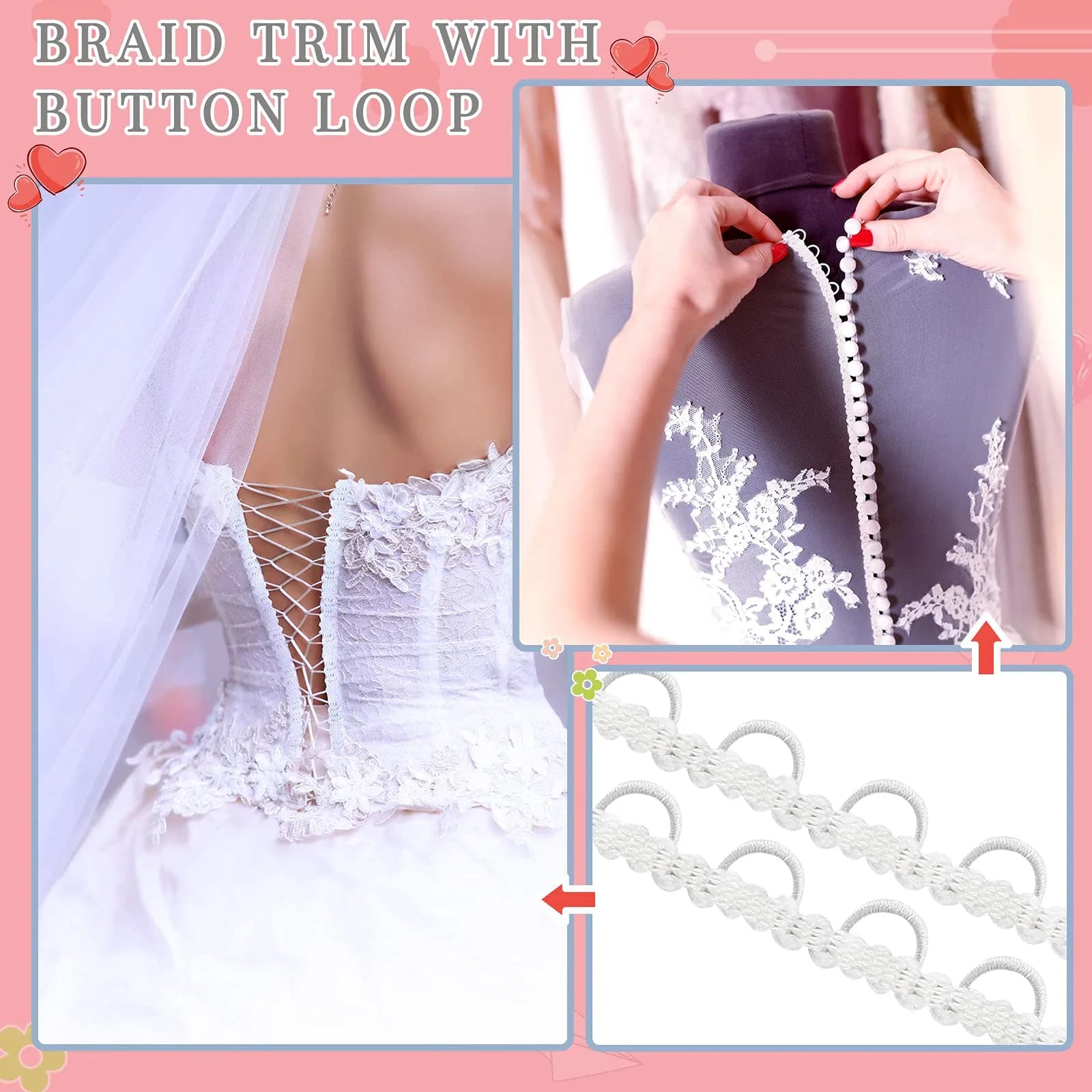 WILLBOND White Gimp Braid Trim with Elastic Button Loop 10 Yards | Sewing & Upholstery Embellishment - view 6
