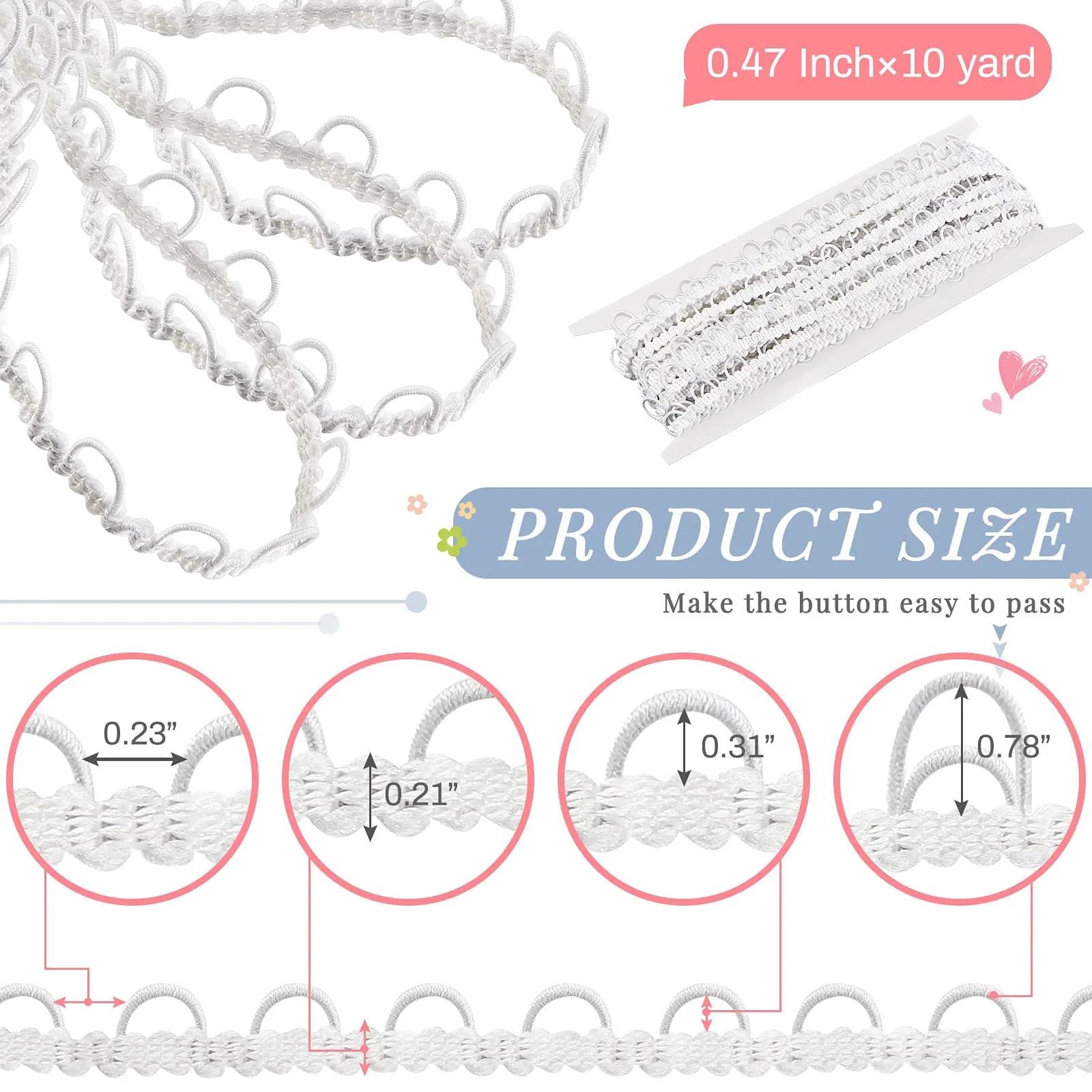 WILLBOND White Gimp Braid Trim with Elastic Button Loop 10 Yards | Sewing & Upholstery Embellishment - view 2