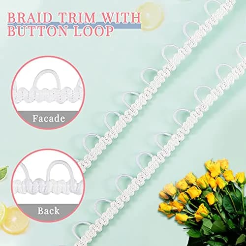 WILLBOND White Gimp Braid Trim with Elastic Button Loop 10 Yards | Sewing & Upholstery Embellishment thumbnail 3