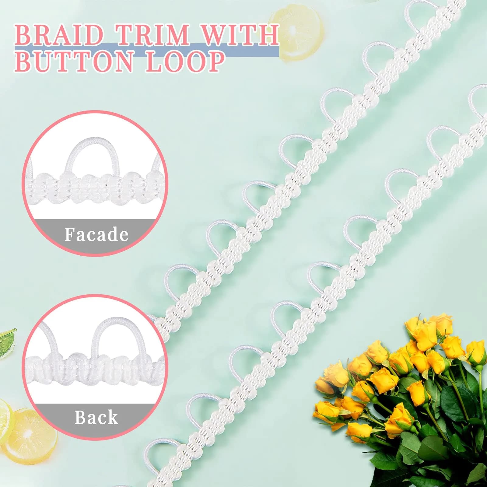 WILLBOND White Gimp Braid Trim with Elastic Button Loop 10 Yards | Sewing & Upholstery Embellishment - view 3