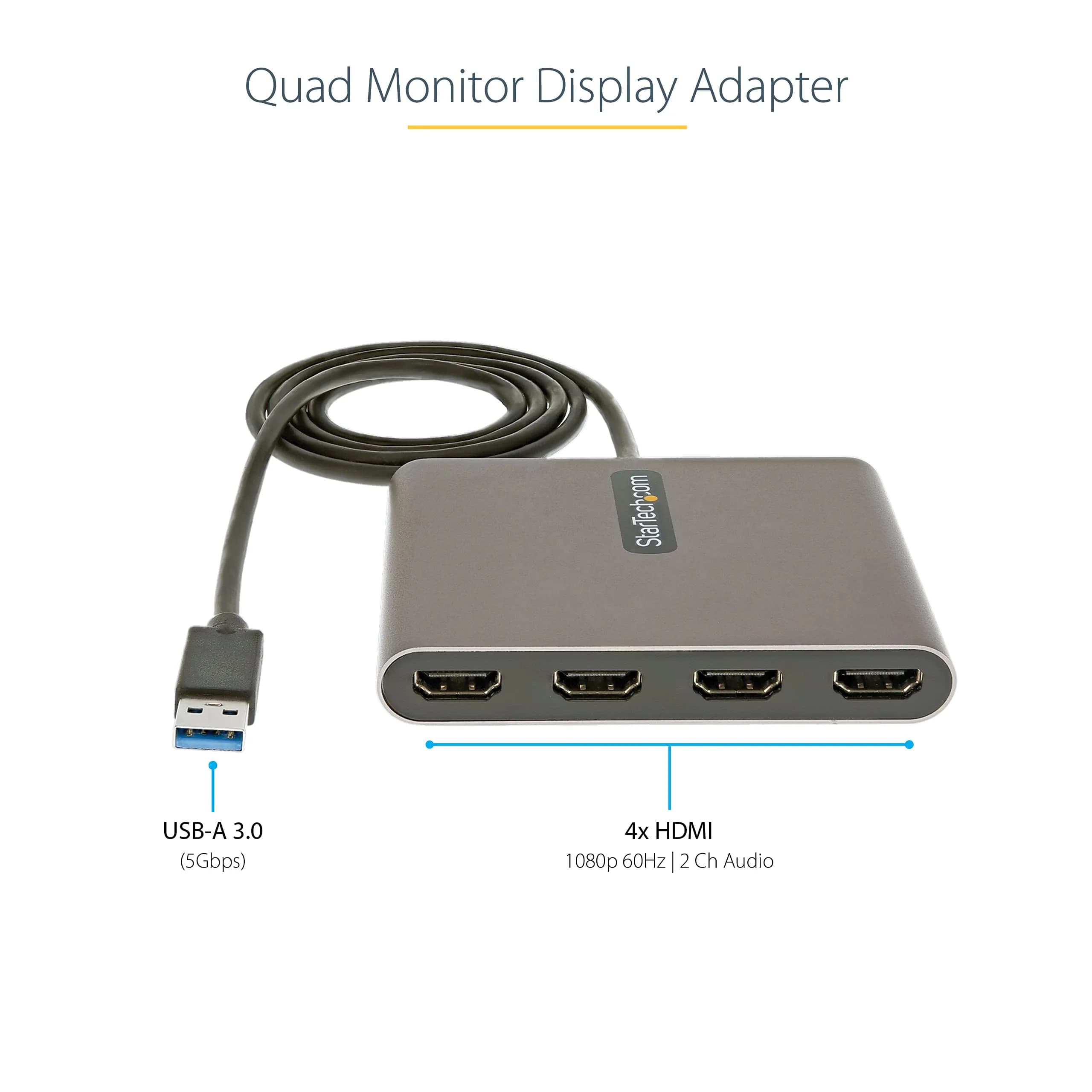 StarTech.com USB-A 3.0 to Quad HDMI Adapter - 4x 1080p 60Hz, Windows Compatible, TAA Compliant thumbnail 2