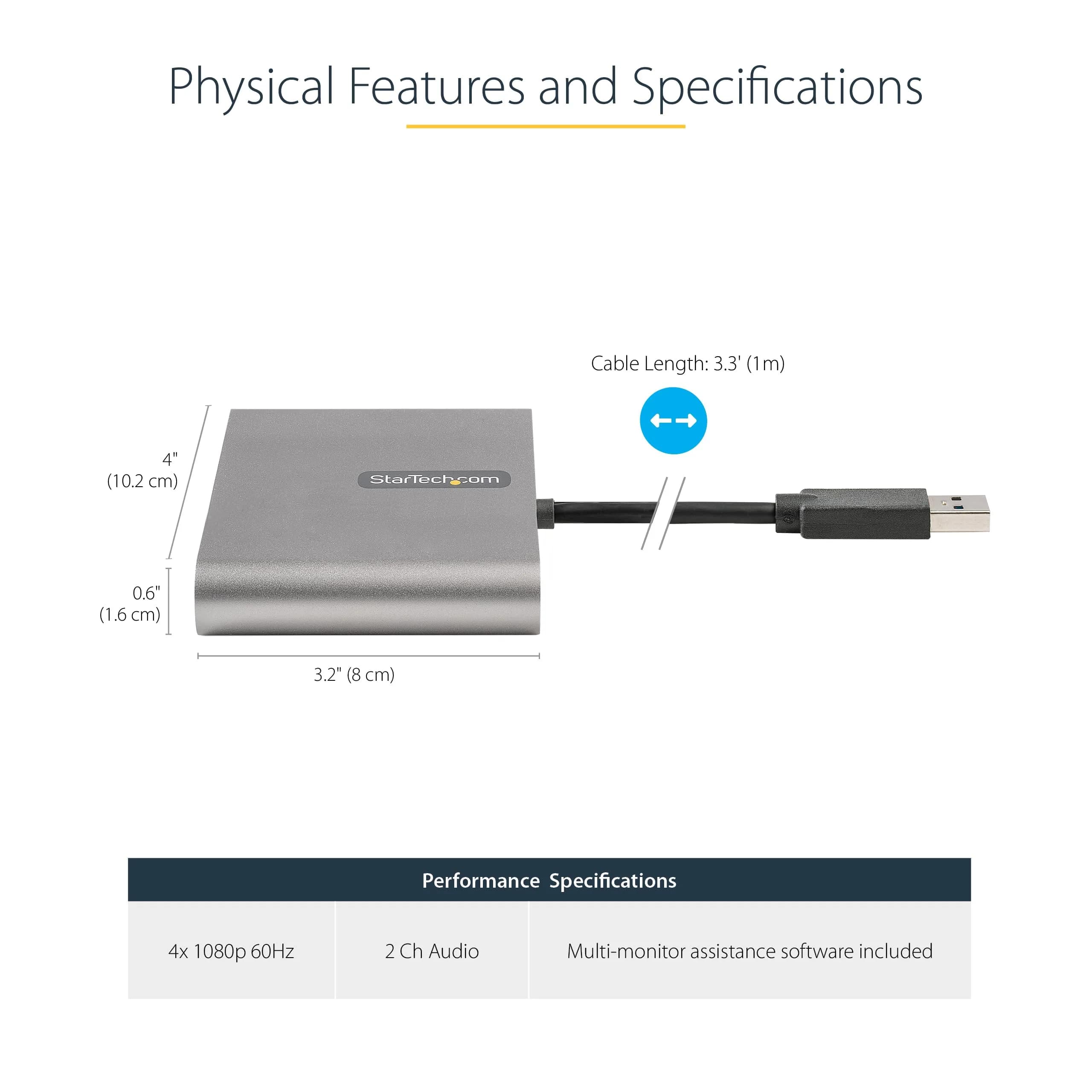 StarTech.com USB-A 3.0 to Quad HDMI Adapter - 4x 1080p 60Hz, Windows Compatible, TAA Compliant thumbnail 3