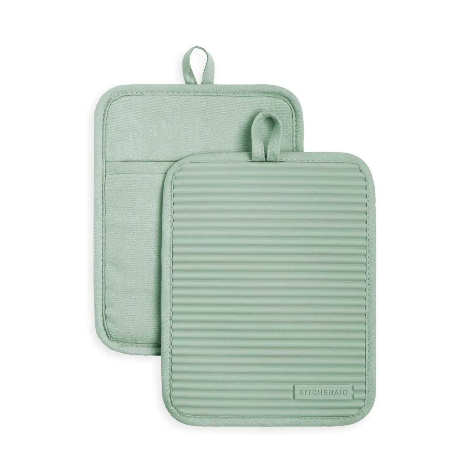 KitchenAid Ribbed Soft Silicone Pot Holder 2-Pack Set, Pistachio Green, 18cm x 23cm (7"x9") | Heat Resistant up to 260°C (500°F)