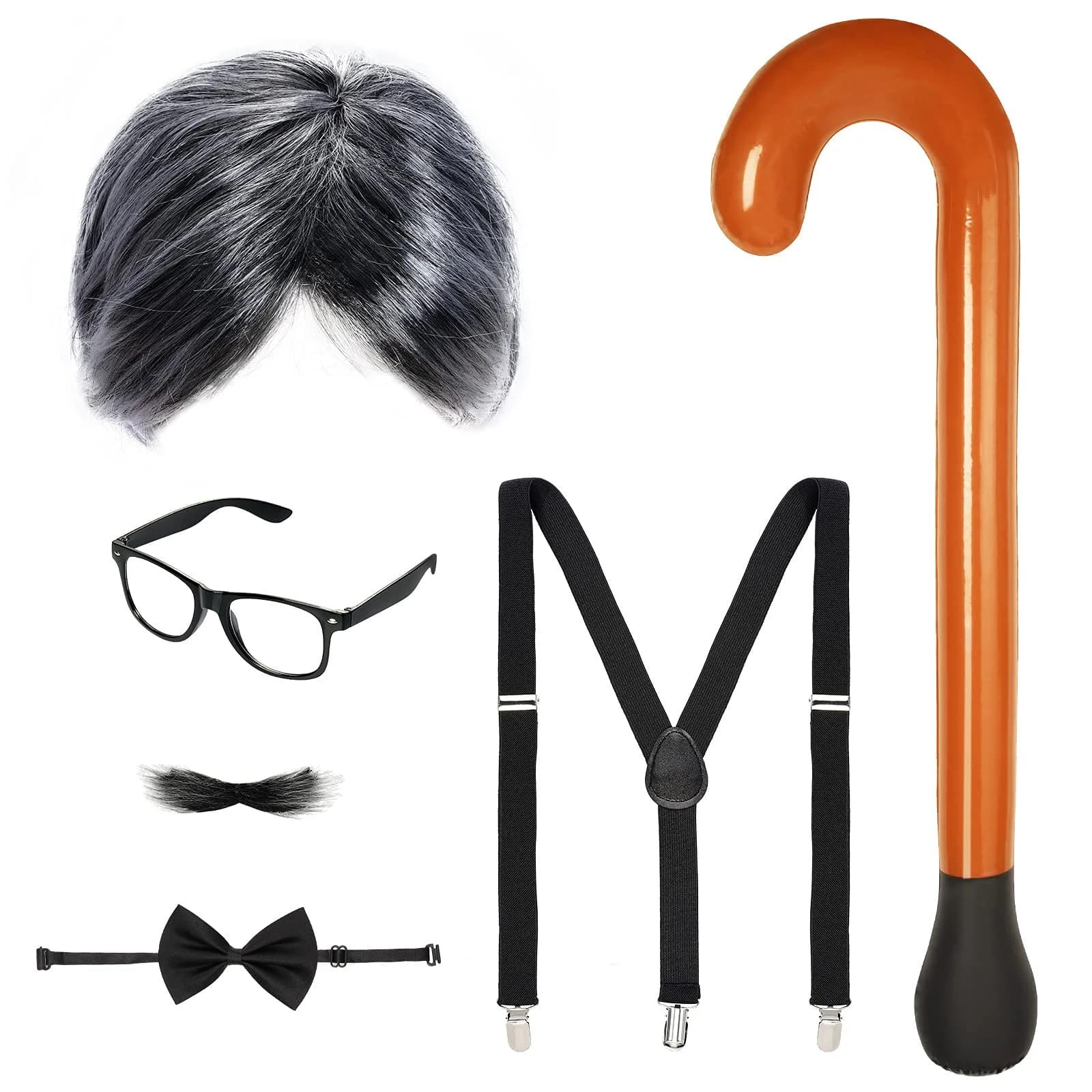 Yolyoo Old Man Costume Kit with Wig, Beard, Cane, Glasses, Suspenders & Bow Tie | One Size Fits Most