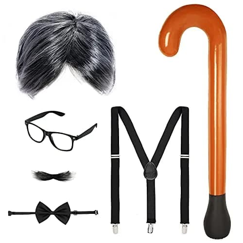 Yolyoo Old Man Costume Kit with Wig, Beard, Cane, Glasses, Suspenders & Bow Tie | One Size Fits Most thumbnail 1