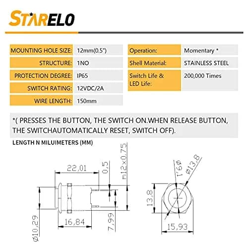 STARELO 5pcs 12mm Momentary Push Button Switch Silver Shell Waterproof 2A/12V DC | IP65 Stainless Steel thumbnail 3