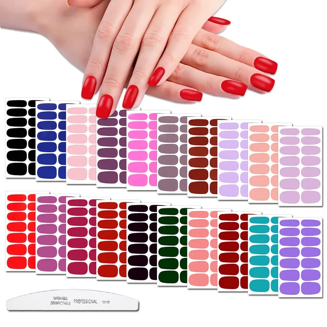 WOKOTO Solid Nail Polish Strips 20 Sheets | 280 Nail Art Stickers & File Kit — KIT7 Solid Mixed