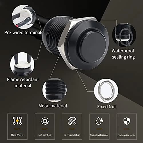 STARELO 5pcs 12mm Momentary Push Button Switch Black Shell | IP65 Waterproof, Aluminum Alloy, 2A/12V DC thumbnail 5