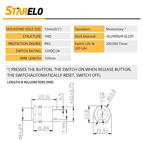 STARELO 5pcs 12mm Momentary Push Button Switch Black Shell | IP65 Waterproof, Aluminum Alloy, 2A/12V DC thumbnail 3