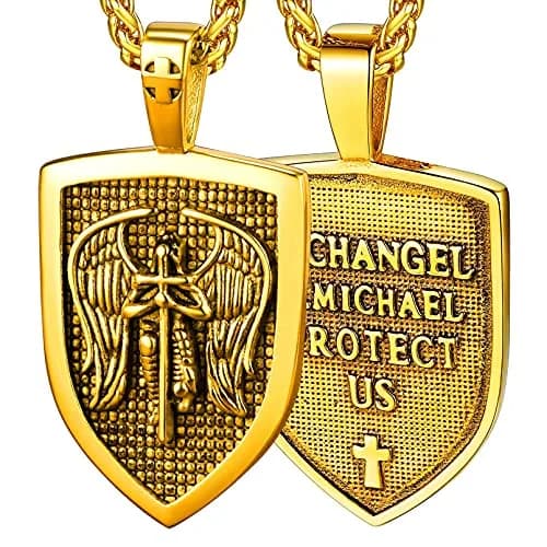 FaithHeart Saint Michael Pendant Necklace for Men, Gold Stainless Steel, 22"+2" Wheat Chain | Archangel Protection Amulet thumbnail 1