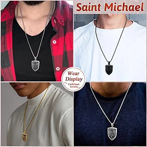 FaithHeart Saint Michael Pendant Necklace for Men, Gold Stainless Steel, 22"+2" Wheat Chain | Archangel Protection Amulet thumbnail 4