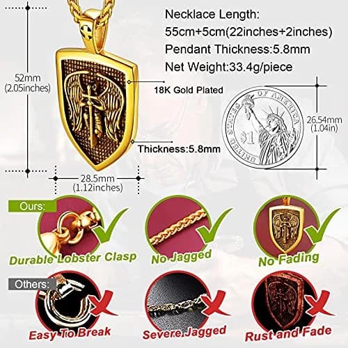 FaithHeart Saint Michael Pendant Necklace for Men, Gold Stainless Steel, 22"+2" Wheat Chain | Archangel Protection Amulet thumbnail 5