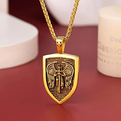 FaithHeart Saint Michael Pendant Necklace for Men, Gold Stainless Steel, 22"+2" Wheat Chain | Archangel Protection Amulet thumbnail 9
