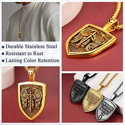 FaithHeart Saint Michael Pendant Necklace for Men, Gold Stainless Steel, 22"+2" Wheat Chain | Archangel Protection Amulet thumbnail 3