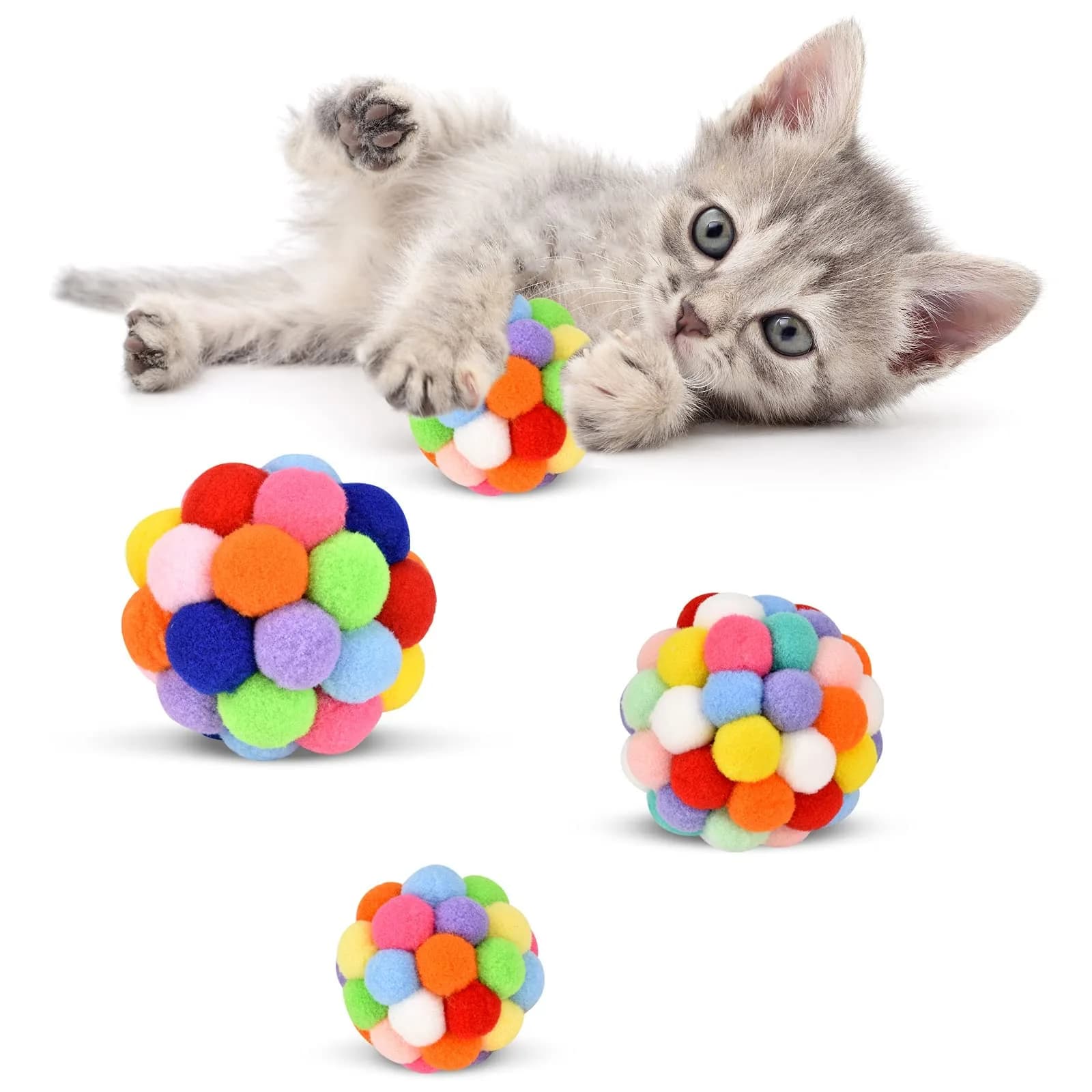 TUSATIY Cat Toy Balls with Bell 3PCS | Colorful Soft Fuzzy Balls for Indoor Cats & Kittens — colorful