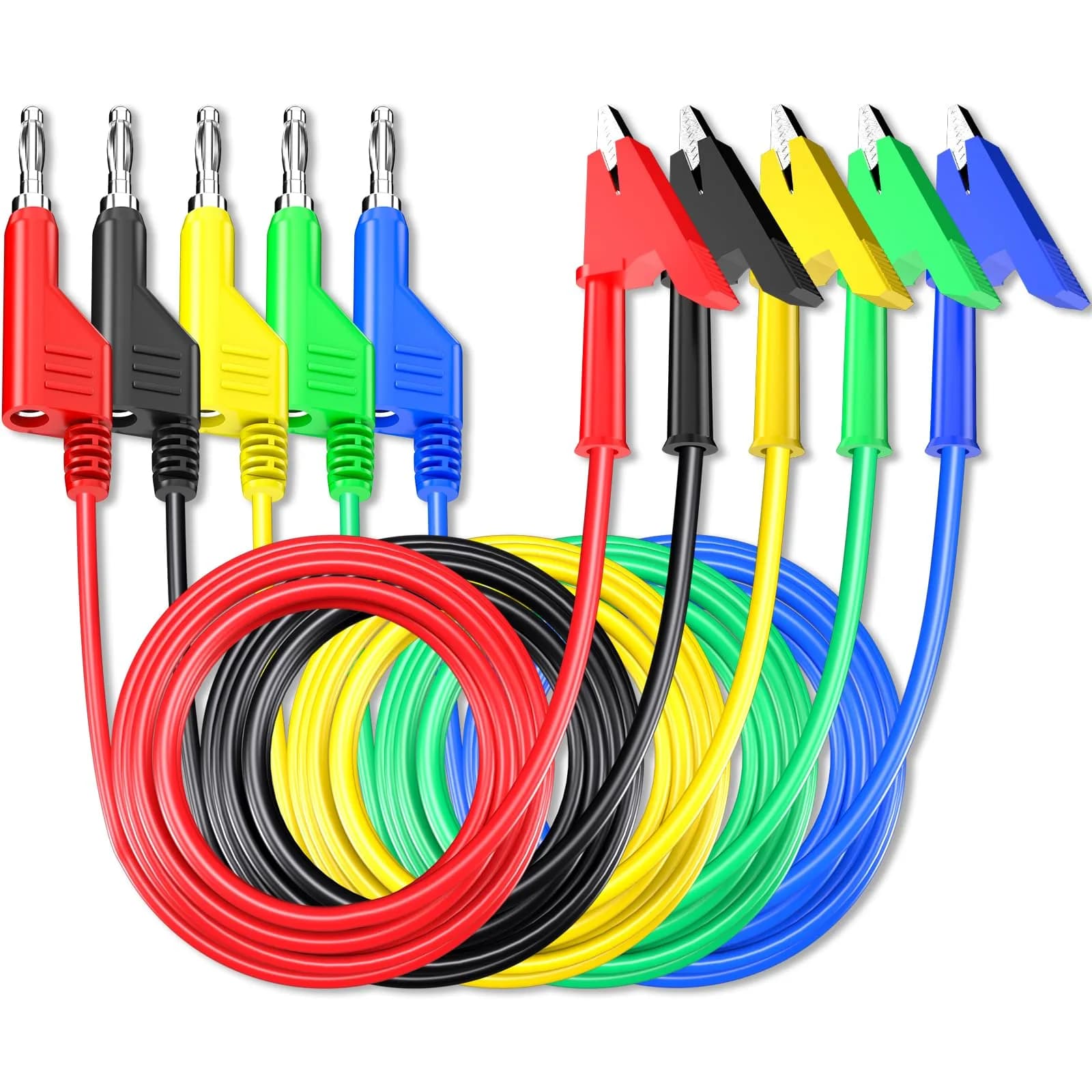 Goupchn 5PCS Test Leads 2m (6.56ft) | 1000V 15A Stackable Banana Plug to Alligator Clip Set — Five Colors
