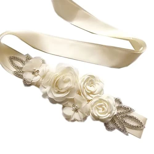 Huralona Wedding Sash Belt Satin Ribbon with Flowers Pearls Rhinestone | Elegant Bridal Accessory for Women thumbnail 1