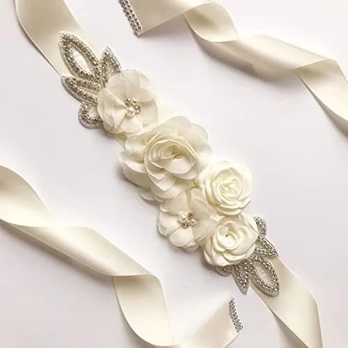 Huralona Wedding Sash Belt Satin Ribbon with Flowers Pearls Rhinestone | Elegant Bridal Accessory for Women thumbnail 6