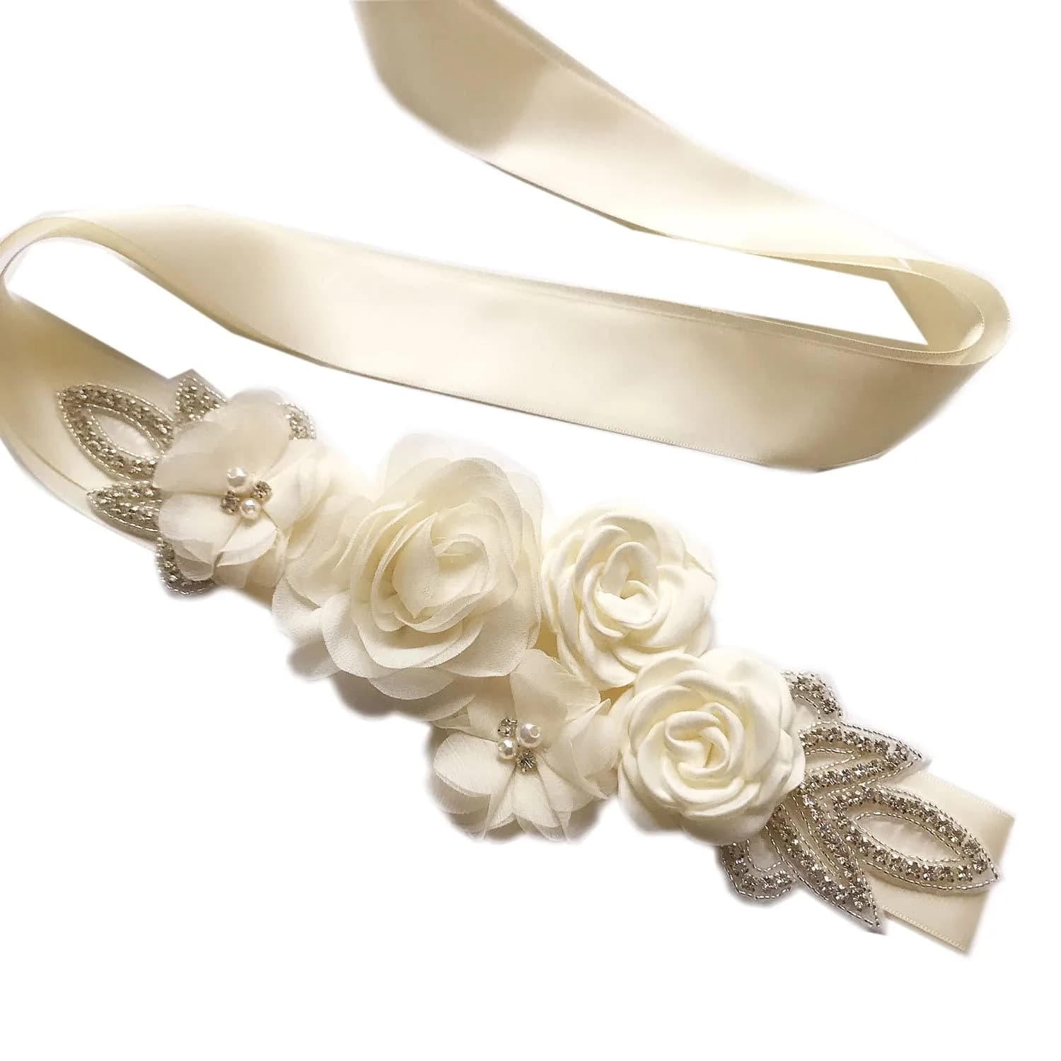 Huralona Wedding Sash Belt Satin Ribbon with Flowers Pearls Rhinestone | Elegant Bridal Accessory for Women — Ivory