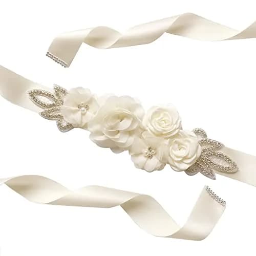 Huralona Wedding Sash Belt Satin Ribbon with Flowers Pearls Rhinestone | Elegant Bridal Accessory for Women thumbnail 3