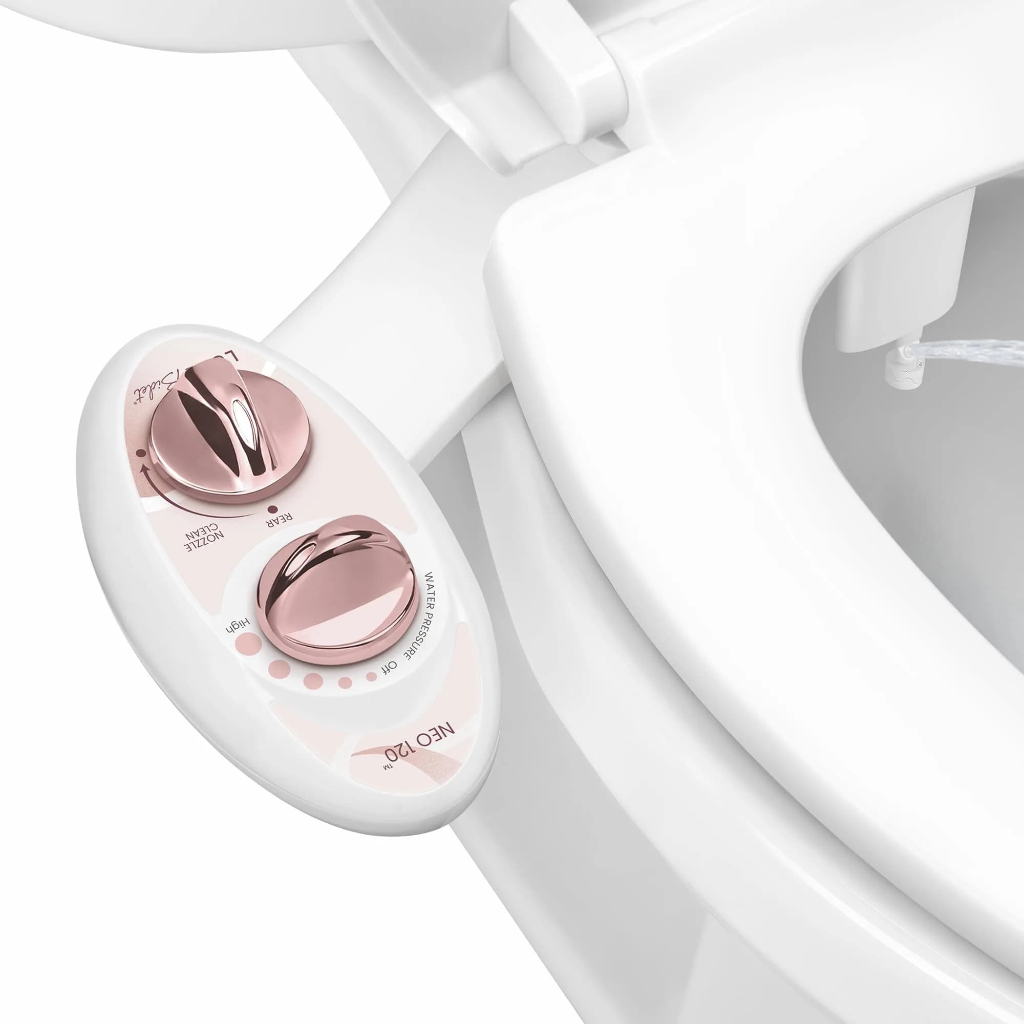 LUXE Bidet NEO 120 Bidet Attachment Rose Gold | Single Nozzle Self-Cleaning Mechanical Bidet for Toilet Seats 18 cm (7 in) - main product image