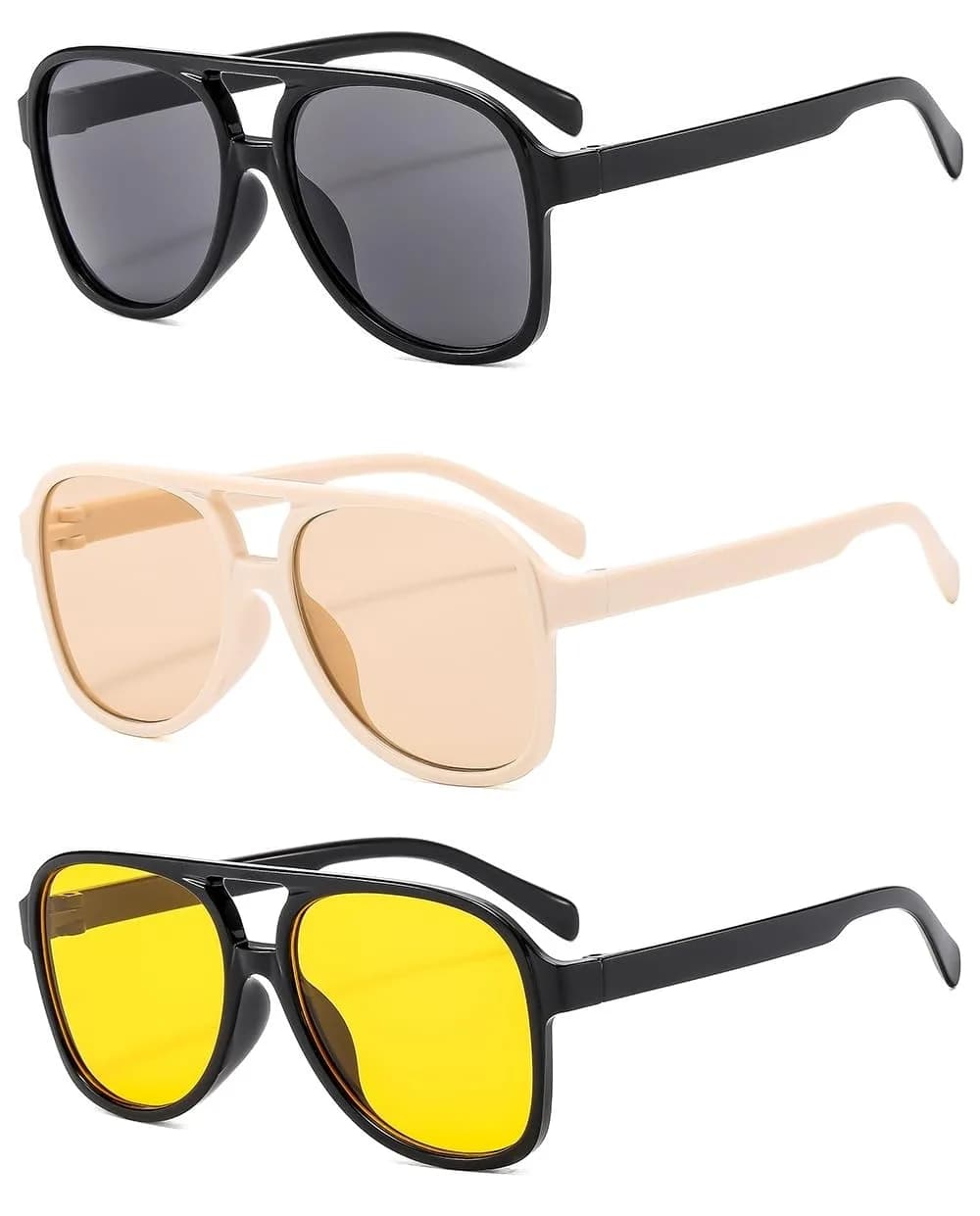 IKUVNA Vintage Aviator Sunglasses for Women Men 70s Glasses Oversized Yellow Lens Shades (Black) | Retro Style UV400