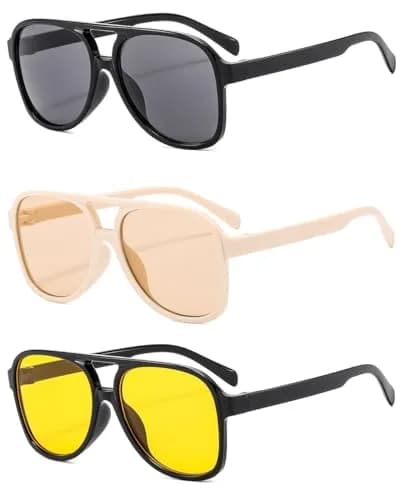IKUVNA Vintage Aviator Sunglasses for Women Men 70s Glasses Retro Oversized Yellow Lens Shades | UV400 Protection — Black