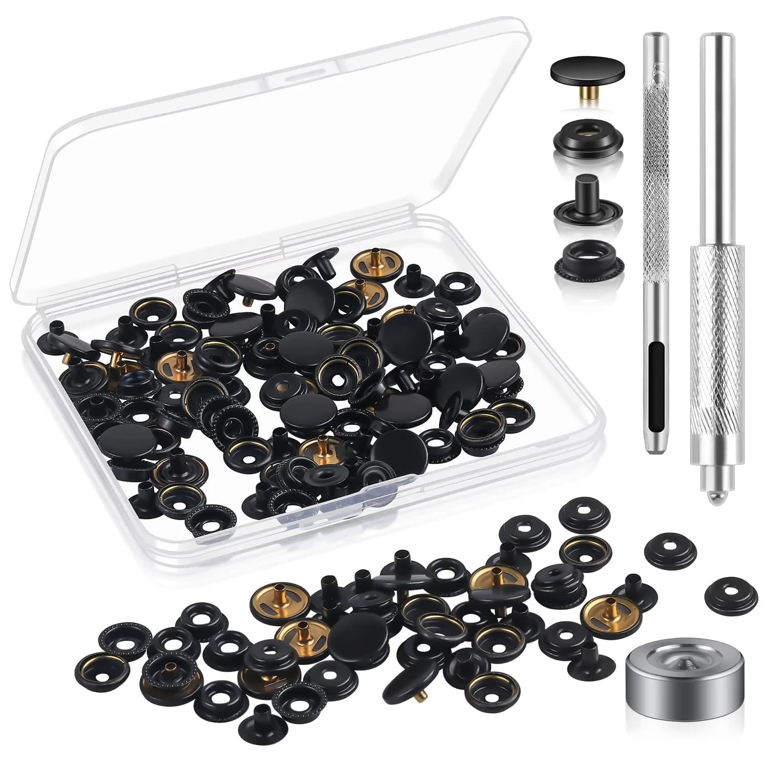 Moocci Black Snap Fastener Kit Tool with 3 Fixing Tools, 50 Sets (200 Pieces) | Marine Grade Stainless Steel Snaps for Leather, Canvas, Clothes