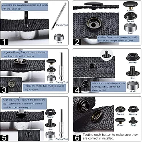 Moocci Black Snap Fastener Kit Tool with 3 Fixing Tools, 50 Sets (200 Pieces) | Marine Grade Stainless Steel Snaps for Leather, Canvas, Clothes thumbnail 5